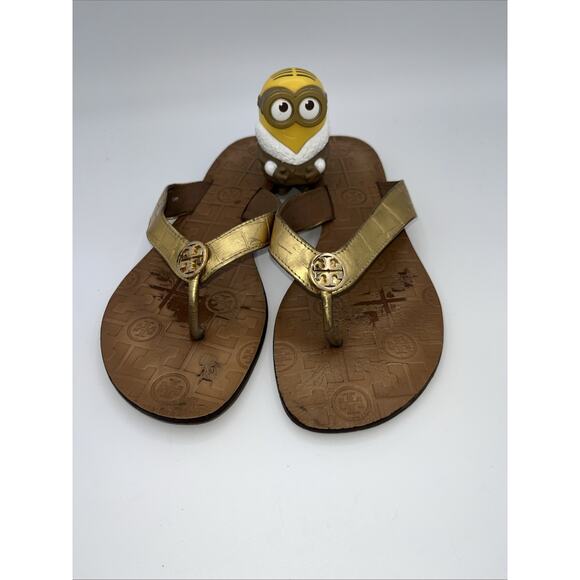 Tory Burch Thora Flip Flop Sandals Gold Leather with Gold Logo Women Size 8 - Picture 1 of 8